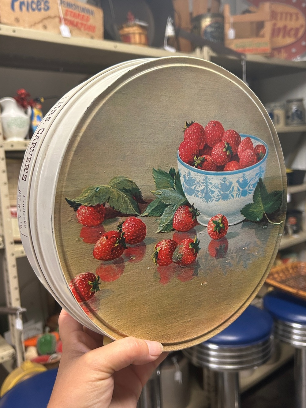 Vintage Mrs. Carver’s Fruitcake Strawberry Double Sided Tin